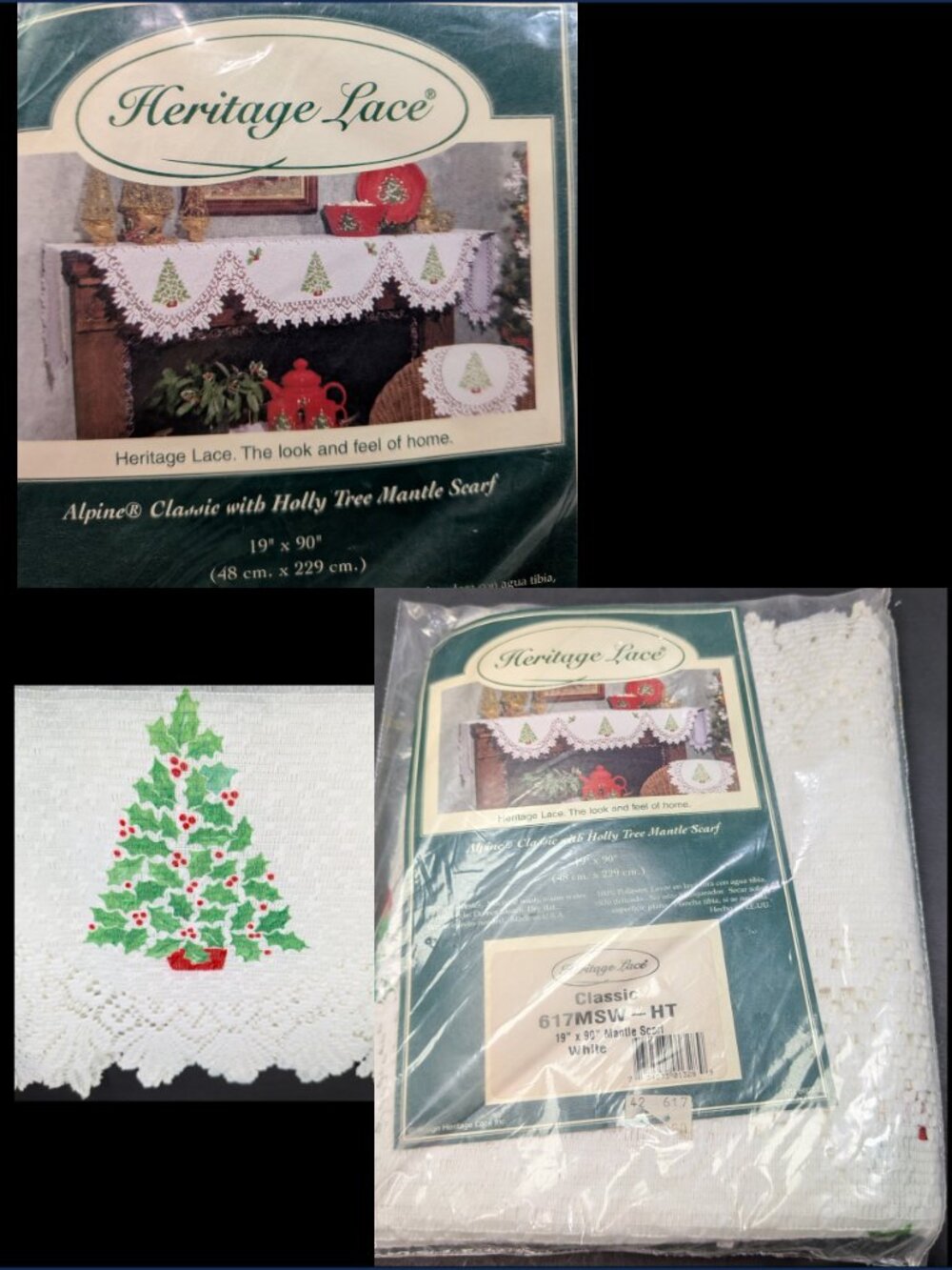 NWT Heritage Lace Holly Tree Mantle Scarf Alpine Classic White 19x90 Christmas